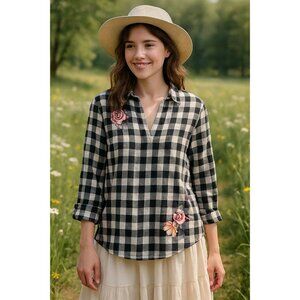 Gingham Floral Embroidered 100% Cotton Blouse Black White Boho Cottagecore Sz L